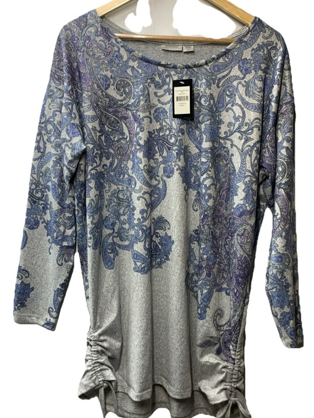 Avenue Women's Plus Size Charlene Side Tie Top Size 16 Gray & Blue Long Sleeve